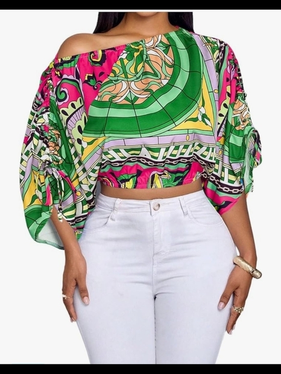 Tops - Women's Casual Asymmetrical Neck Drawstring Shirt With Random Floral Print